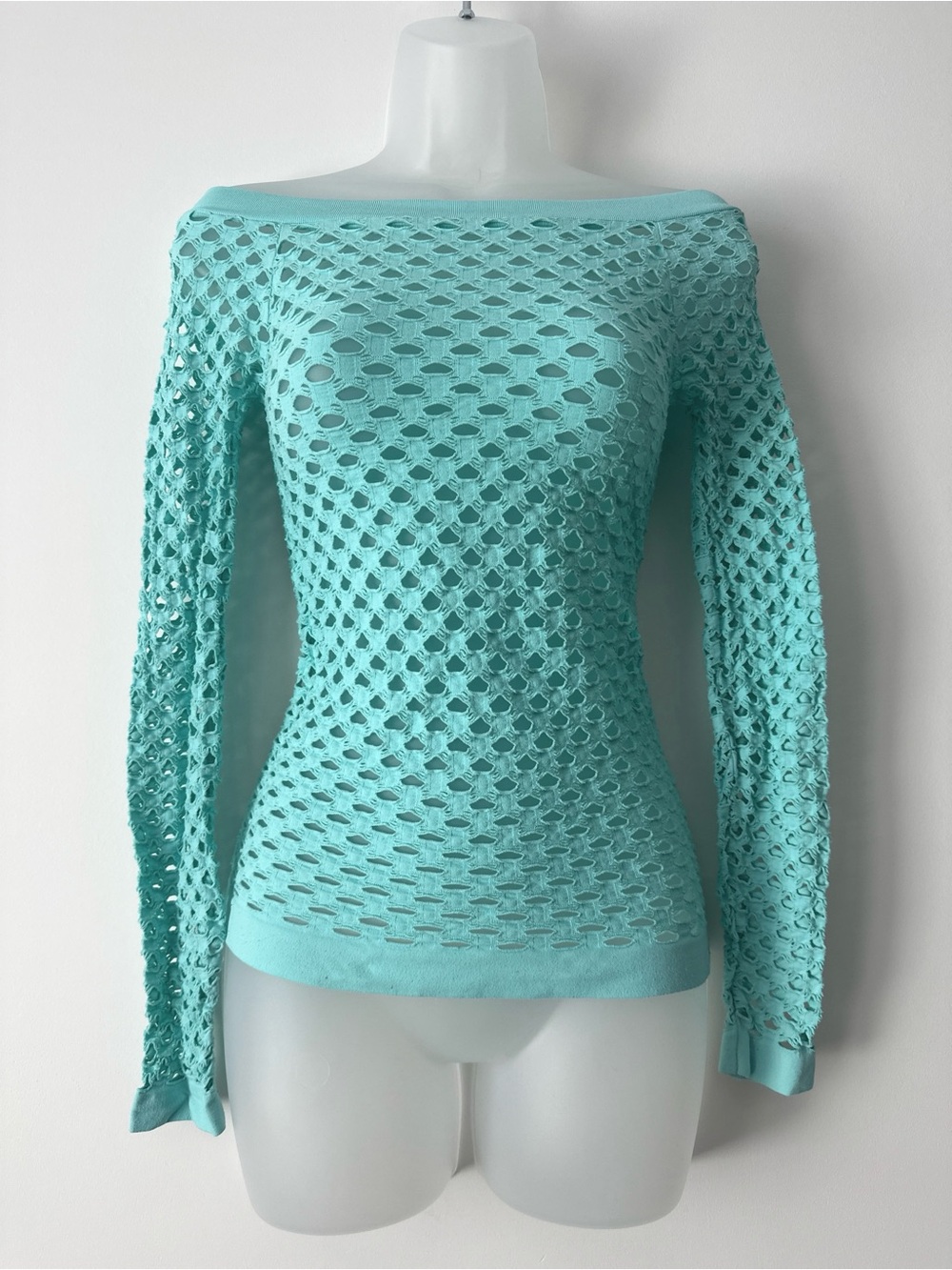 y2k light blue thick mesh long sleeve top